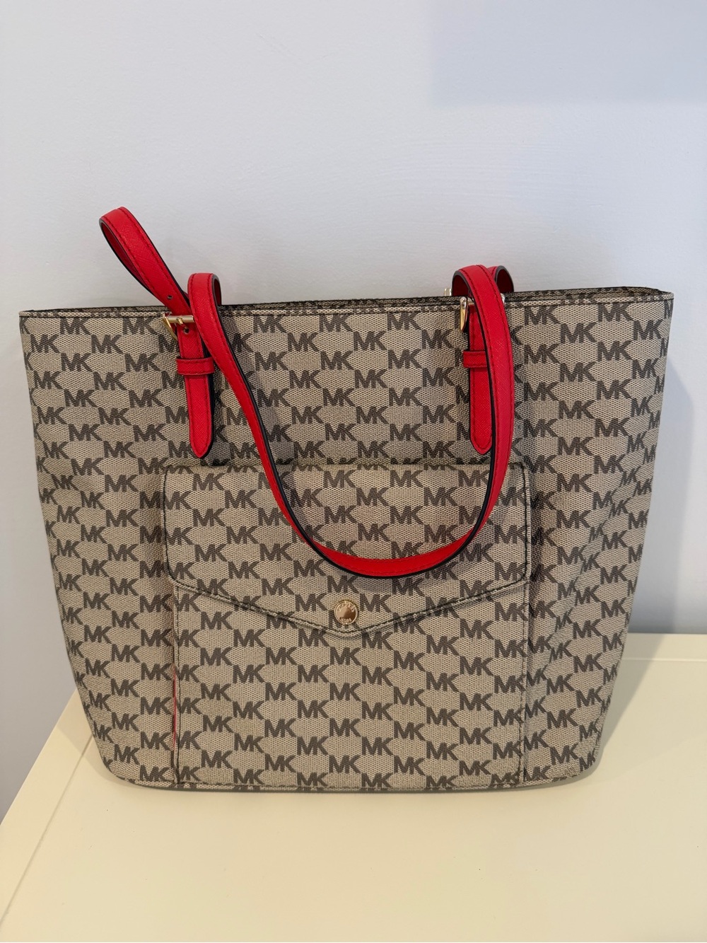Michael Kors Jet Set Jacquard Tote Bag with Red Accents